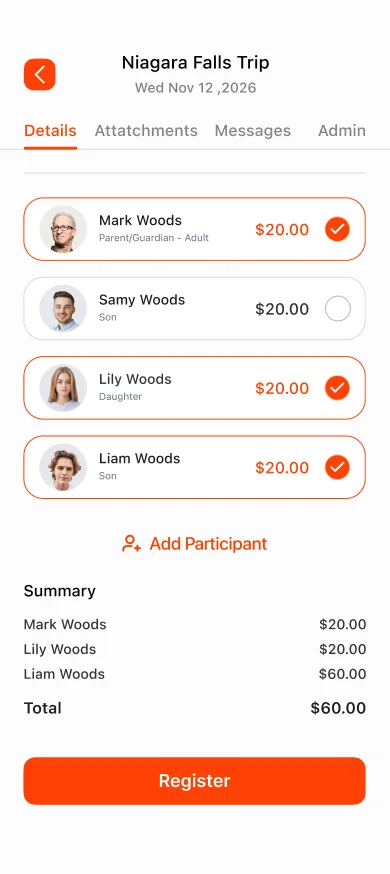 Family event registration on mobile